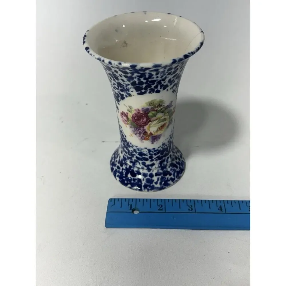Antique Meco Czecho Slovakia Blue Spongeware Floral Art Pottery Vase 6